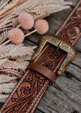 The Buckle Tooled Leather Bag Strap - Brown