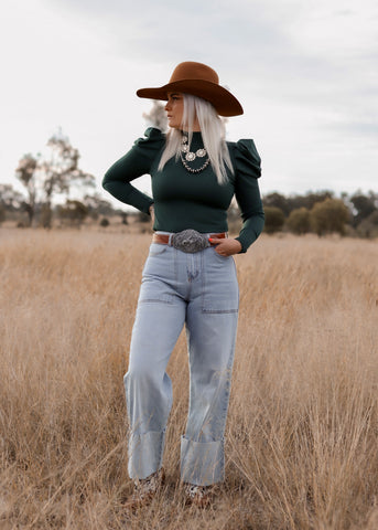 eleanor_ruffle_puff_sleeve_bodysuit_cowgirl_western_forest_green_mack_and_co_designs_australia