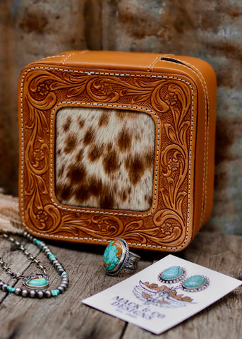 addilyn_cowhide_jewellery_jewelry_case_tan_cow_hide_tooled_brown_white_suede_leather_royston_kingman_turquoise_sterling_silver_navajo_pearls_desert_drifter_mack_and_co_designs_australia