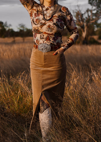 westerly_corduroy_skirt_camel_western_cowgirl_mack_and_co_designs_australia