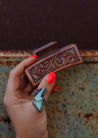 tooled_leather_hair_claw_clip_turquoise_western_mack_and_co_designs_australia