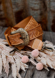 The Buckle Tooled Leather Bag Strap - Tan