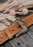 The Buckle Tooled Leather Bag Strap - Tan