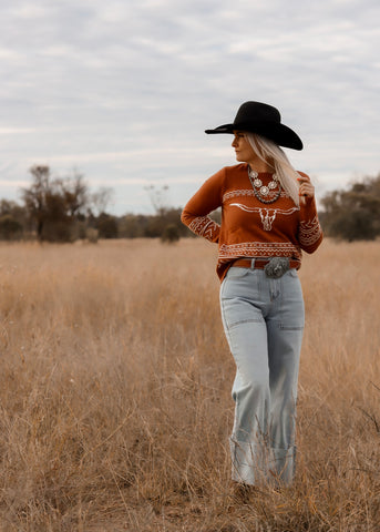 rust_longhorn_sweater_cowgirl_western_cotton_rye_outfitters_america_mack_and_co_designs_australia