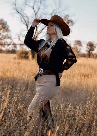 black_aztec_tan_brown_buffalo_sweater_cowgirl_western_cotton_rye_outfitters_america_mack_and_co_designs_australia