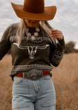 olive_longhorn_sweater_cowgirl_western_cotton_rye_outfitters_america_mack_and_co_designs_australia